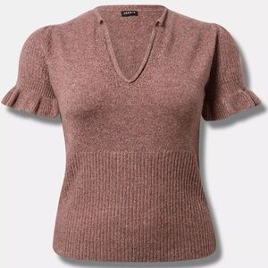 Torrid short sleeve ruffle sleeve knit v-neck sweater dusty rose size 00